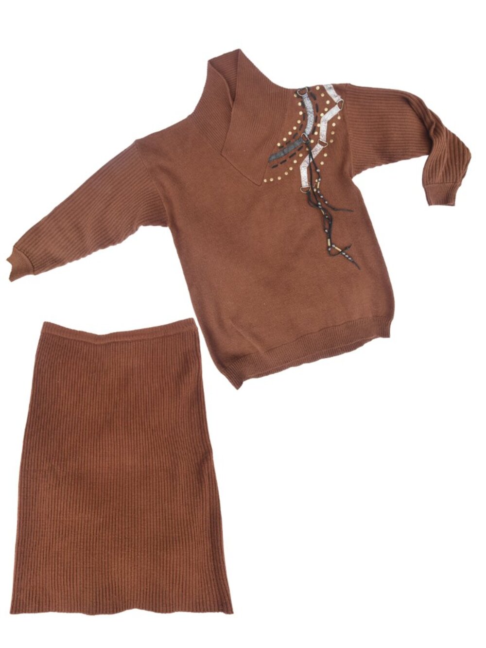 VTG 80s Moonglow Knits Chocolate Brown Embellished Sweater & Skirt Set M